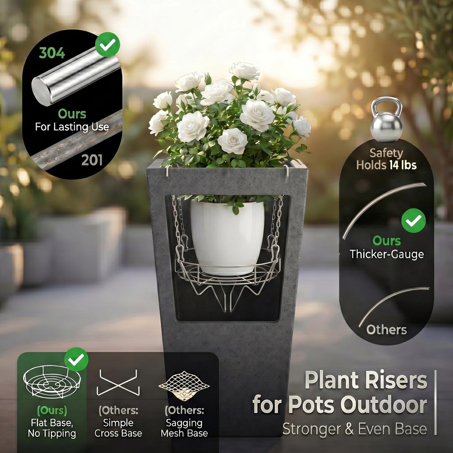 Planter Inserts for Large Pots Indoor Outdoor,304 Stainless Steel Plant Risers for Inside Pots, Height Adjustable Plant Inserts & Pot Risers for Cylindrical & Slightly Tapered Tall Planter(12-15'' Openning)