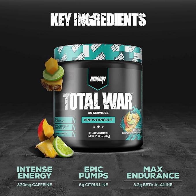 REDCON1 Total War Pre Workout, Baja Bomb - Beta Alanine + Citrulline Malate Keto Friendly Preworkout for Men & Women with 320mg of Caffeine - Fast Acting (30 Servings)