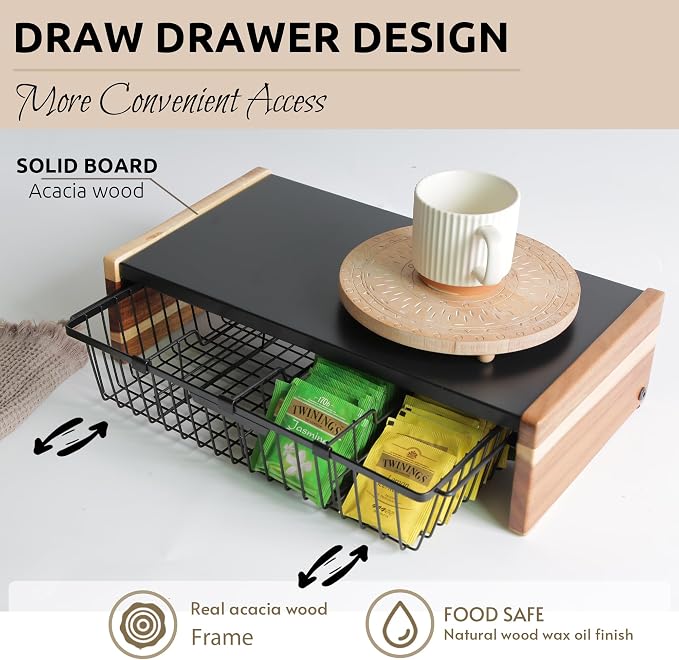 WILDMOS Tea Bag Organizer,Wire Basket Drawer Design for Teabag Holder Container for Countertop,Tea Station Chest Display Container Box for Countertop Kitchen.