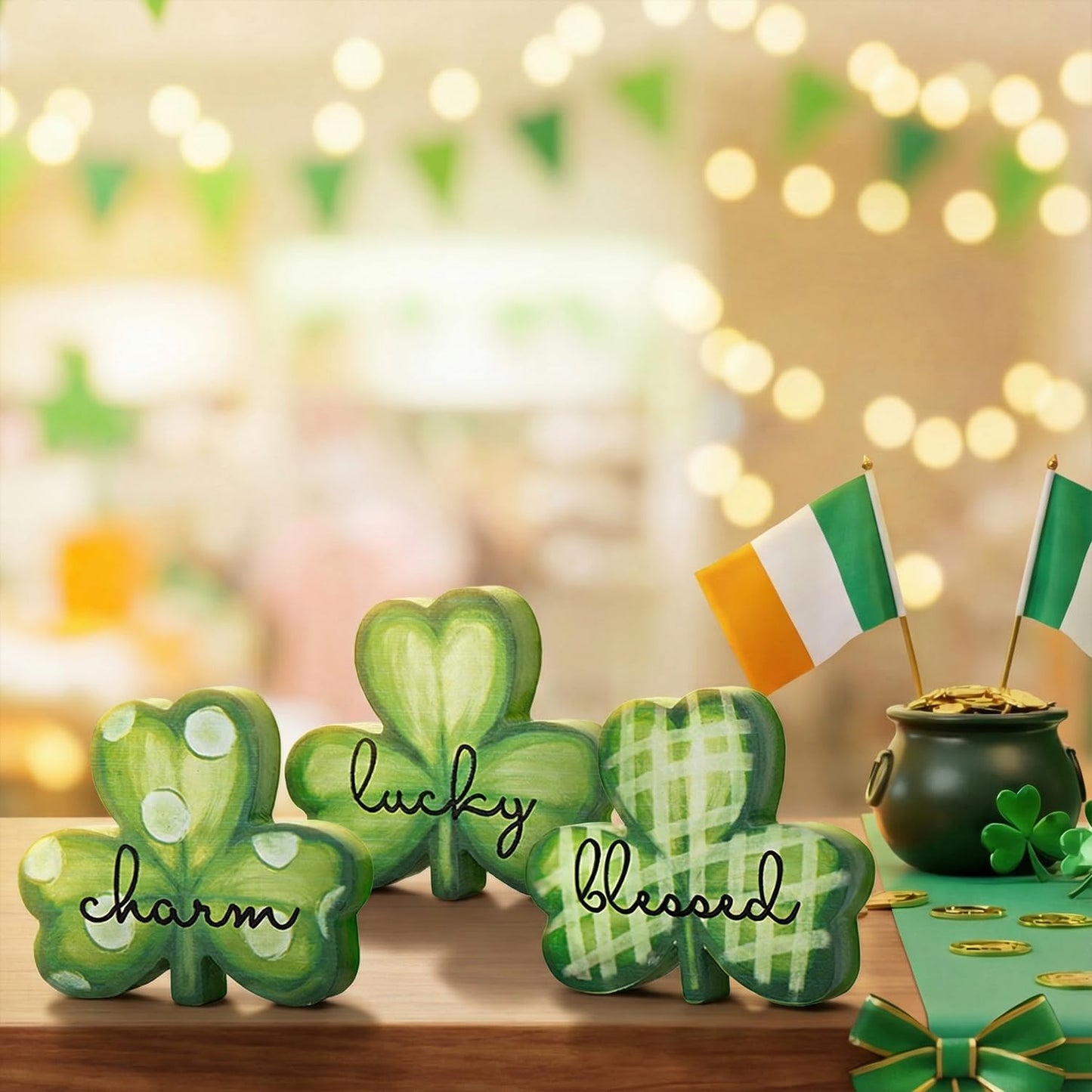 Smile St.Patrick's Day Wooden Shamrock Block Decor Set of 3 Lucky Blessed Charm Clover Ornaments, Tabletop Shelf Lucky Decoration