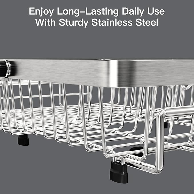 MAJALiS Dish Drying Rack Over The Sink with Utensil Holder, Mat | Expandable Stainless Steel Dish Drainer for Small Kitchen, Apartment, RV, Counter Space Saving, Perfect Fit, Rustproof