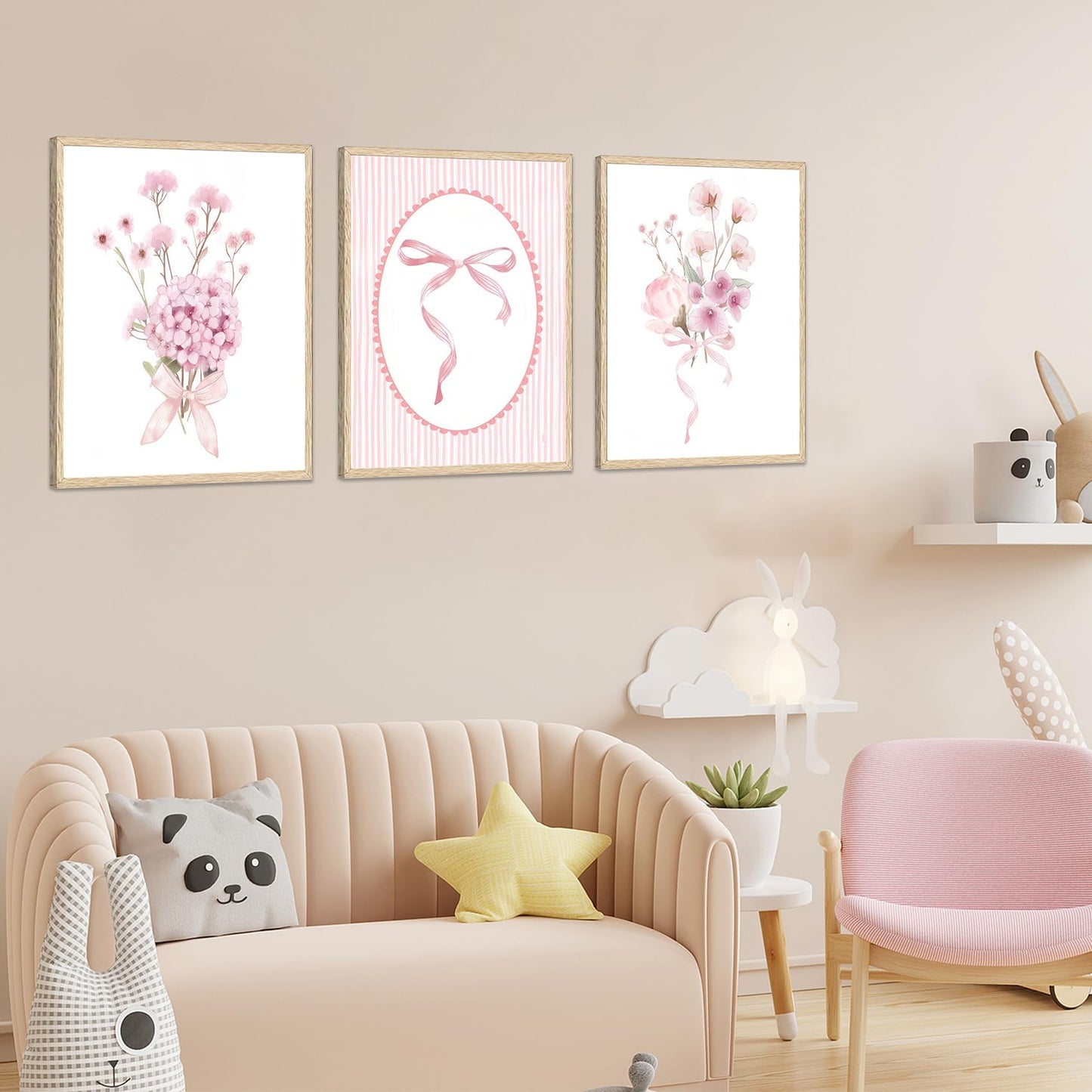 3Pcs Pink Nursery Flower Wall Art Floral Bow Wall Decor Cute Botanical Flower Pictures Coquette Aesthetic Poster Prints Girly Preppy Painting for Girls Bedroom Dorm Apartment Home 12x16 Unframed