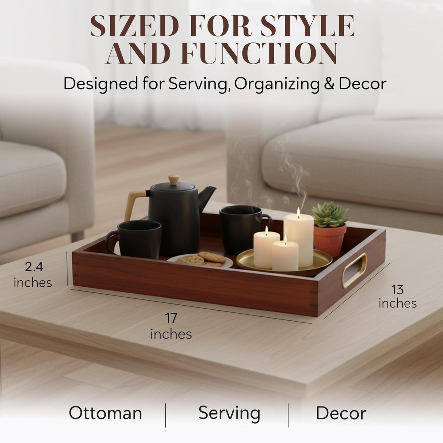 Jack & Juliet Teak Wood Ottoman Tray – Large Wooden Multifunctional Tray with Real Brass Handles - Non Slip Base in Food-Safe Finish - Gift-Ready Packaging for Coffee Table and Home Decor (Walnut)