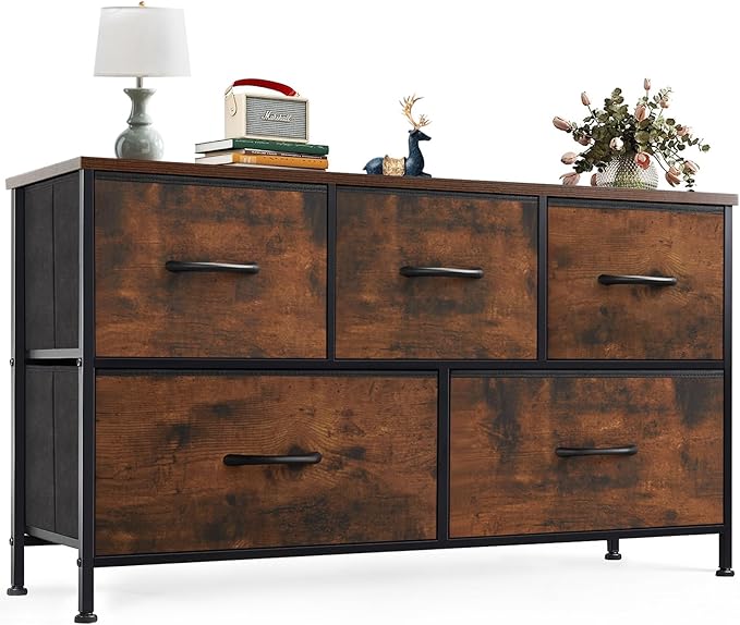 OLIXIS 5 Drawer Dresser for Bedroom, Wide Fabric Storage Tower with Wooden Top and Metal Frame, Closet Chest Organizer Furniture, TV Stand for Living Room Hallway, Brown