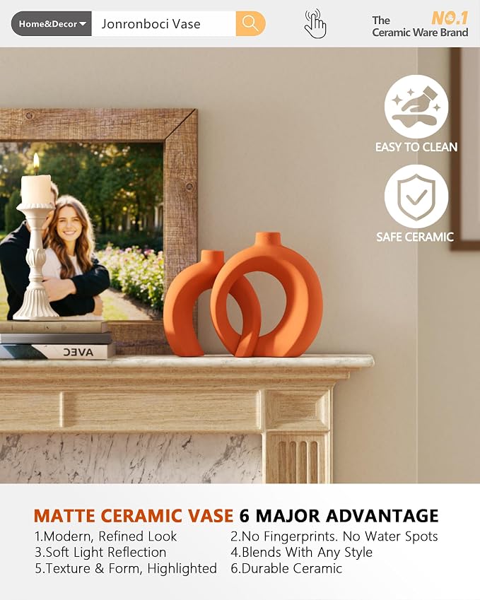 Set of 2 Orange Ceramic Vases for Home Decor Accents - Unique Hollow Donut Artistic Design Mid-Century Modern Eclectic Fall Style Decorative Vases for Shelf, Mantel, Entryway Table Decor(Matte Orange)