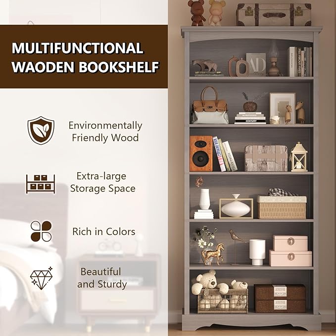 TVU 6-Tier Wooden Bookshelf, 76 Inch Tall Bookshelf with Storage, Floor Standing Modern Style Display Bookcase for Living Room, Office, Study Room, Entryway, Grey