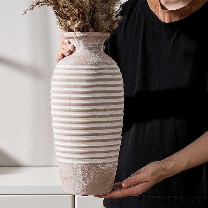 Emotionally Grounded Vase, Vaseking Large Ceramic Rustic Vase, 14.4 inch Minimalist Threaded Decorative Farmhouse Tall Vases for Home Decor, Living Room, Enterway, Table Decoration, Khaki