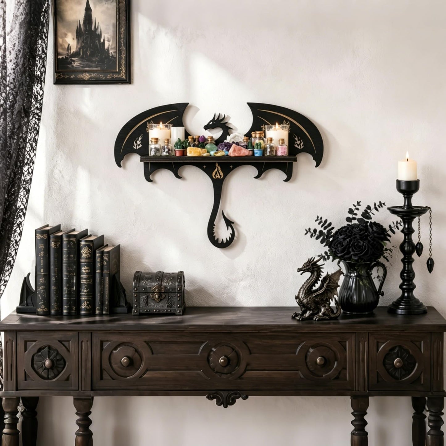 FNYDOX Gothic Evil Dragon Decor Crystal Display Shelf for Wall, Wooden Witchy Shelf Rock Display Case Knick Knack Organizer Trinket Holder, Wall Hanging Shelves for Essential Oil & Nail Polish