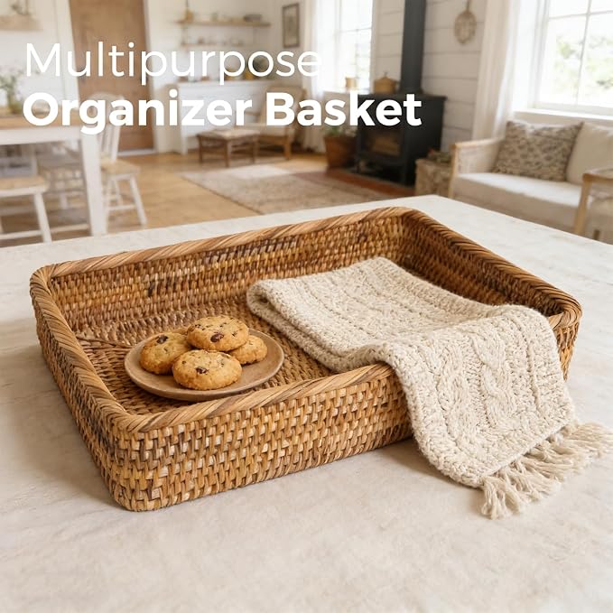 Wicker Storage Tray, Rattan Basket Rectangular for Bathroom Living Room, Decorative Serving Woven Trays Wicker Baskets for Organizing Home Decor L(15.7" × 11")