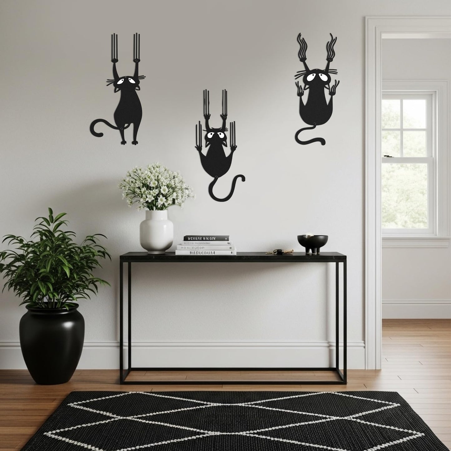 Otoolling Black Cat Wall Art Funny Black Metal Cat Wall Hanging Decor Minimalist Signs for Cats Lover Home Bedroom Living Room Patio Bathroom Office Decor(3 Pcs,Aprox 6" X 14")