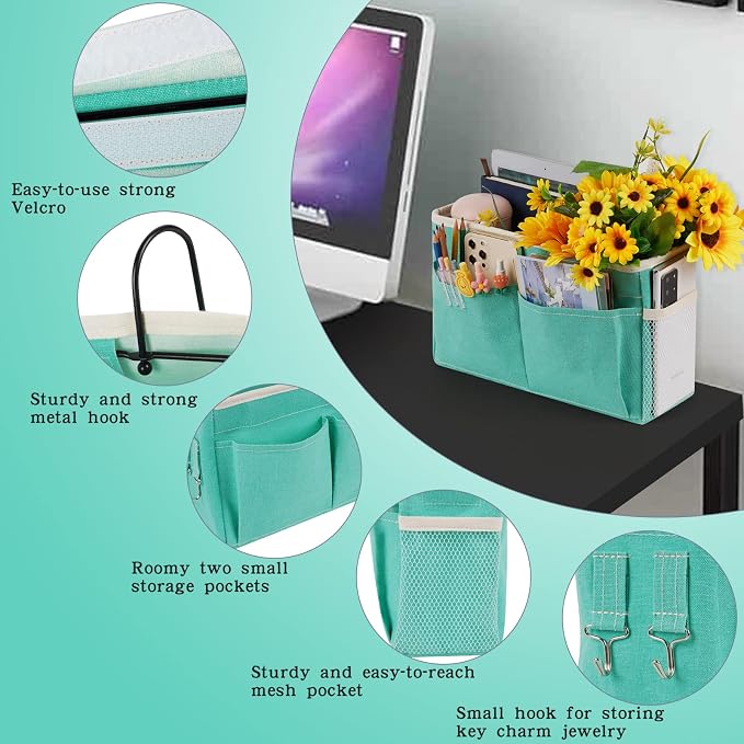 Bedside Caddy Bedside Storage Organizer Hanging Bunk Bed Dorm Room with Side Pockets for Water Bottles, Books, Cell Phones, Headphones (Light Blue)