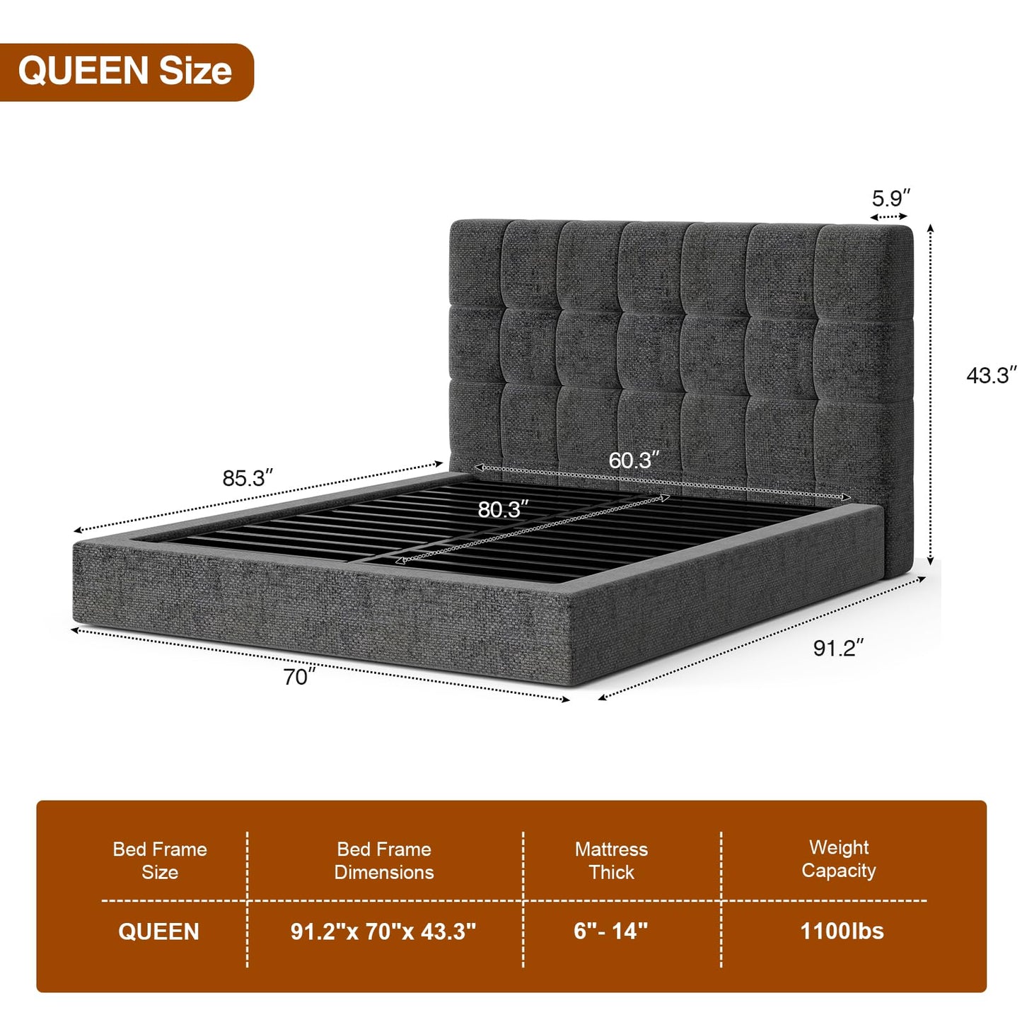 Queen Bed Frame with Headboard, Heavy Duty Upholstered Cloud Platform Bed with 2 Center Support Beams & Crossbar, 5.9" Thickened Foam for Safety, No Box Spring Needed, Easy Click‑In Assembly, Grey