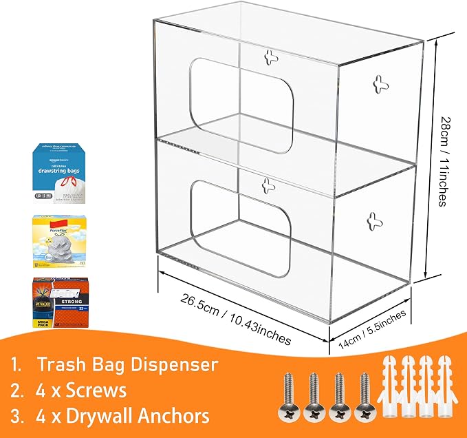 SEANADO Trash Bag Dispenser Roll Holder, 2 Compartment Wall Mount Acrylic Kitchen Double Side Loaded Organizer Storage Box Holder for Garbage and Grocery Bags (10.4 x 5.5 x 11inches)