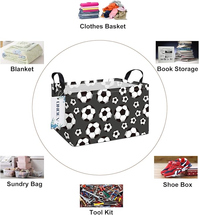 Rectangular Soccer Ball Pattern Storage Bin, Decorative Canvas Laundry Basket with Dual Handles, Foldable Household Toy Organizer, Multipurpose Party Gift Basket for Bedroom Dorm (Soccer)