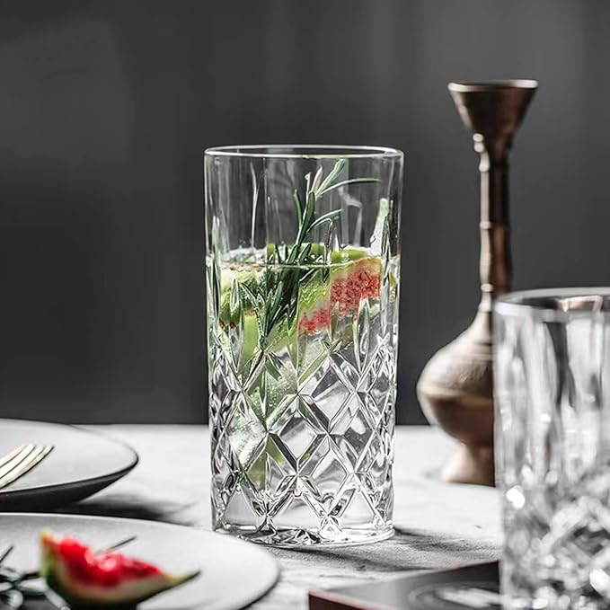 Qipecedm Drinking Glasses, 8 Piece Crystal Glass Cups, Mixed Glassware Set, 4 pcs Crystal Old Fashioned 11oz Highballs and 4 pcs 11oz Whiskey Glasses, Great for Cocktail, Whisky and other Beverages