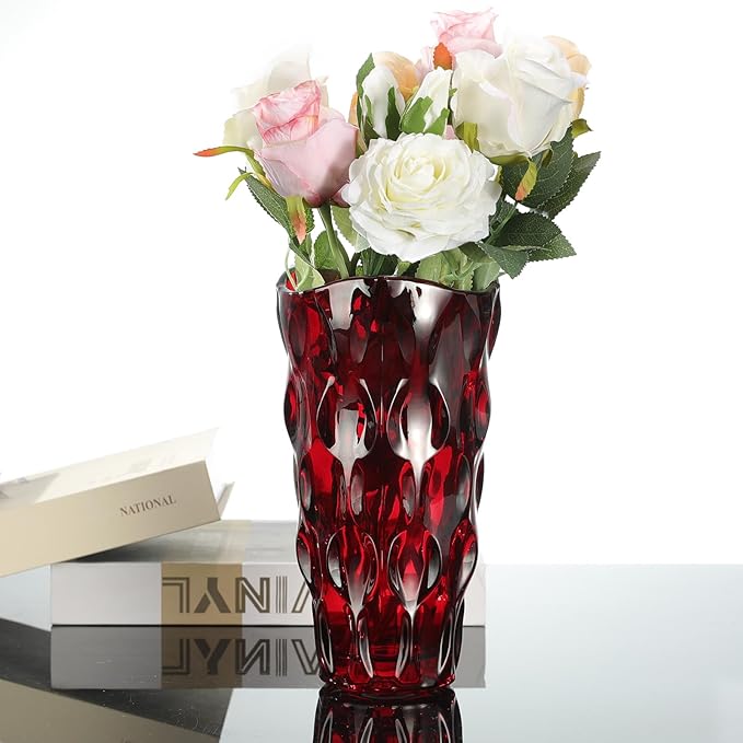 CEMABT 9.5inch 3.4 lb Glass Vases for Flowers Unbreakable Thickened Morden vase for Tables Centerpieces,Colorful,Vintage and Clear Rose Large Flower vases for Bouquet Unique Gifts（Red）