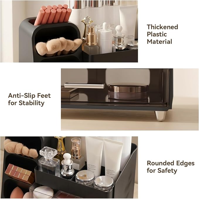 Brothersbox Makeup Organizer with Brush Holder for Vanity, Large Countertop Skincare Storage with 2 Drawers, Holds Lipsticks, Nail Polishes, Perfumes, Brushes - Gift for Women, Black