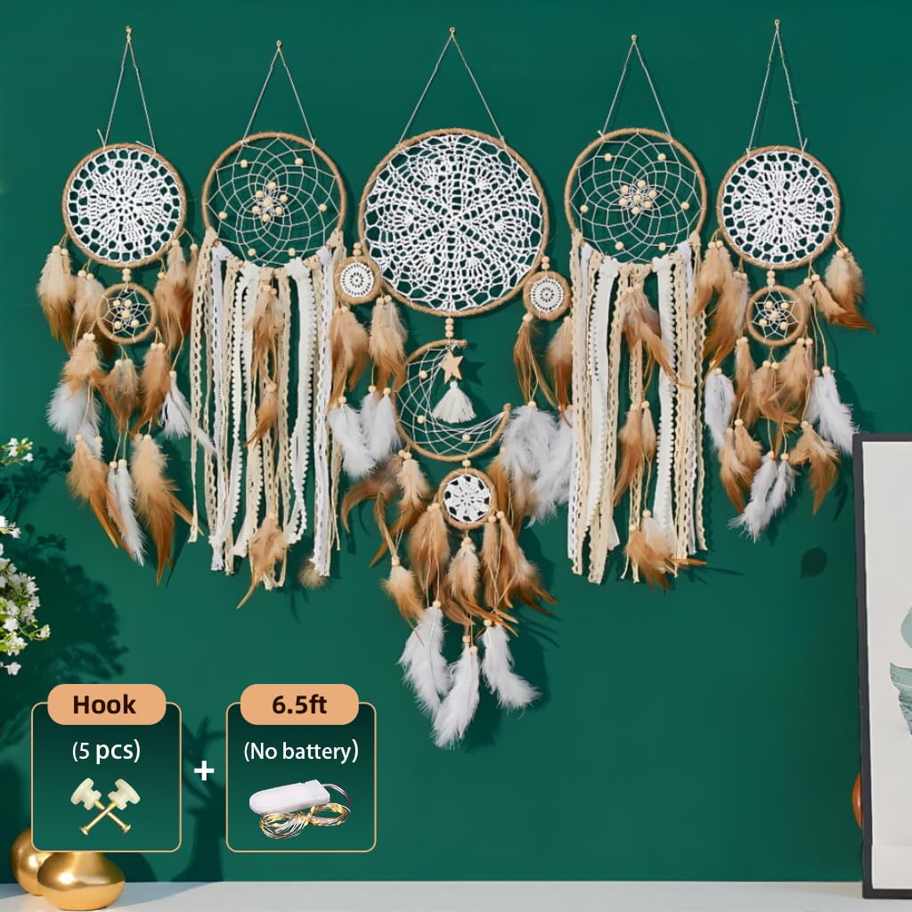 Handcrafted Dream Catcher Wall Decor Set, 5 Pieces, Round Shape, 10 Inch Diameter, Cotton and Feather, Art Deco Style, Moon and Star Design, Indoor Hanging Ornaments (5, White)