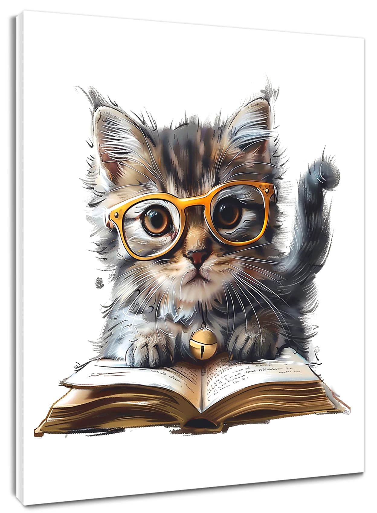 HVEST Cute Cat Wall Art Funny Cat Reading Book Modern Abstract Canvas Wall Art, Animal Wall Art for Living Room Bathroom Bedroom Office Decor, 16L x 12W Inches, Black