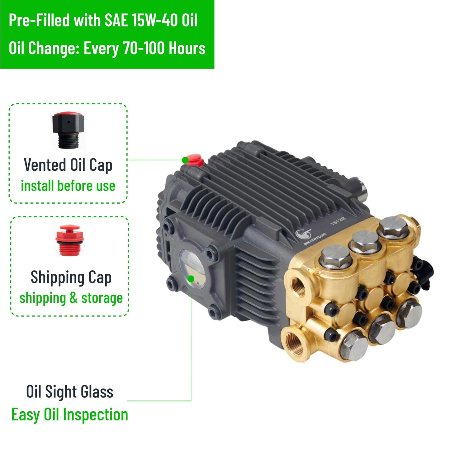 Canpump CF 3230 S: 3200 psi @ 2.9 US gpm Belt-Drive Pressure Washer Pump with External Unloader, 24 mm Solid Shaft, Max 1725 RPM, Horizontal Triplex Pump