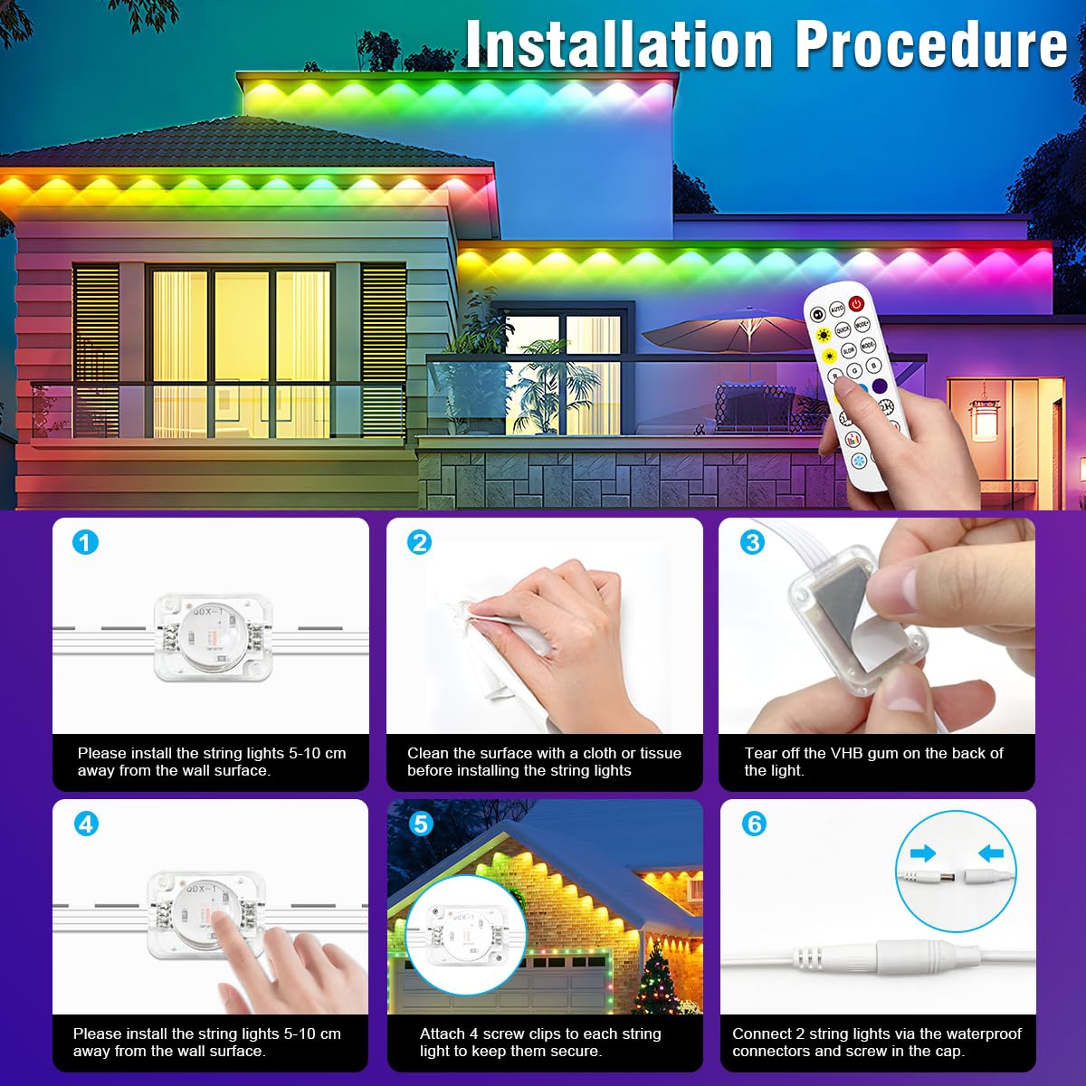 YFFSHLCS Permanent Outdoor Lights, 200ft Outdoor String Light Smart RGB with 72 Scene Modes, IP67 Waterproof Holiday Lights for Outside, APP and Remote Control Party Holidays