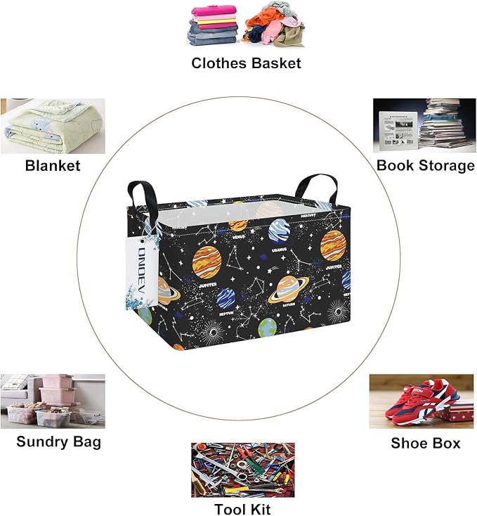 Rectangular Space Planet Pattern Storage Bin, Decorative Canvas Laundry Basket with Dual Handles, Foldable Household Toy Organizer, Multipurpose Party Gift Basket for Bedroom Dorm