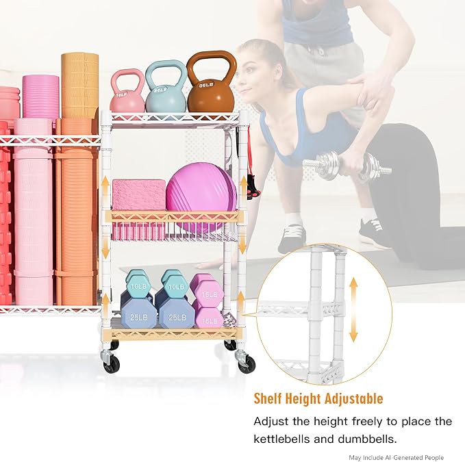 FUTASSI Home Gym Storage, 3 Tiers Workout Equipment Organizer with Wheels for Yoga Mats, Foam Roller, Dumbbells, Kettlebells, and Resistance Bands