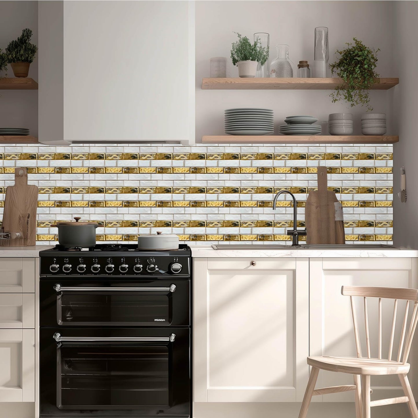HOMETITUTE 20Pcs White Gold Brick Tile Stickers Peel and Stick Decorative Tiles Waterproof Removable Sticker Tiles Backsplash Decals for Kitchen Bathroom Fireplace Stair Riser Wall 4x4 Inch(not 3D)