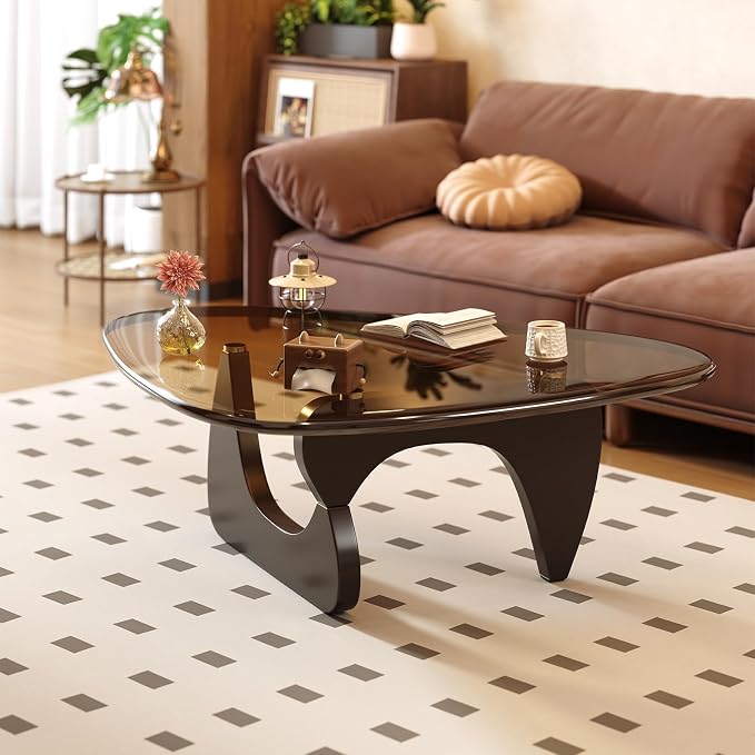 Coffee Table for Living Room Mid Century Modern Center Small Table with Glass Top and Wood, Black Brown(32 Inch)