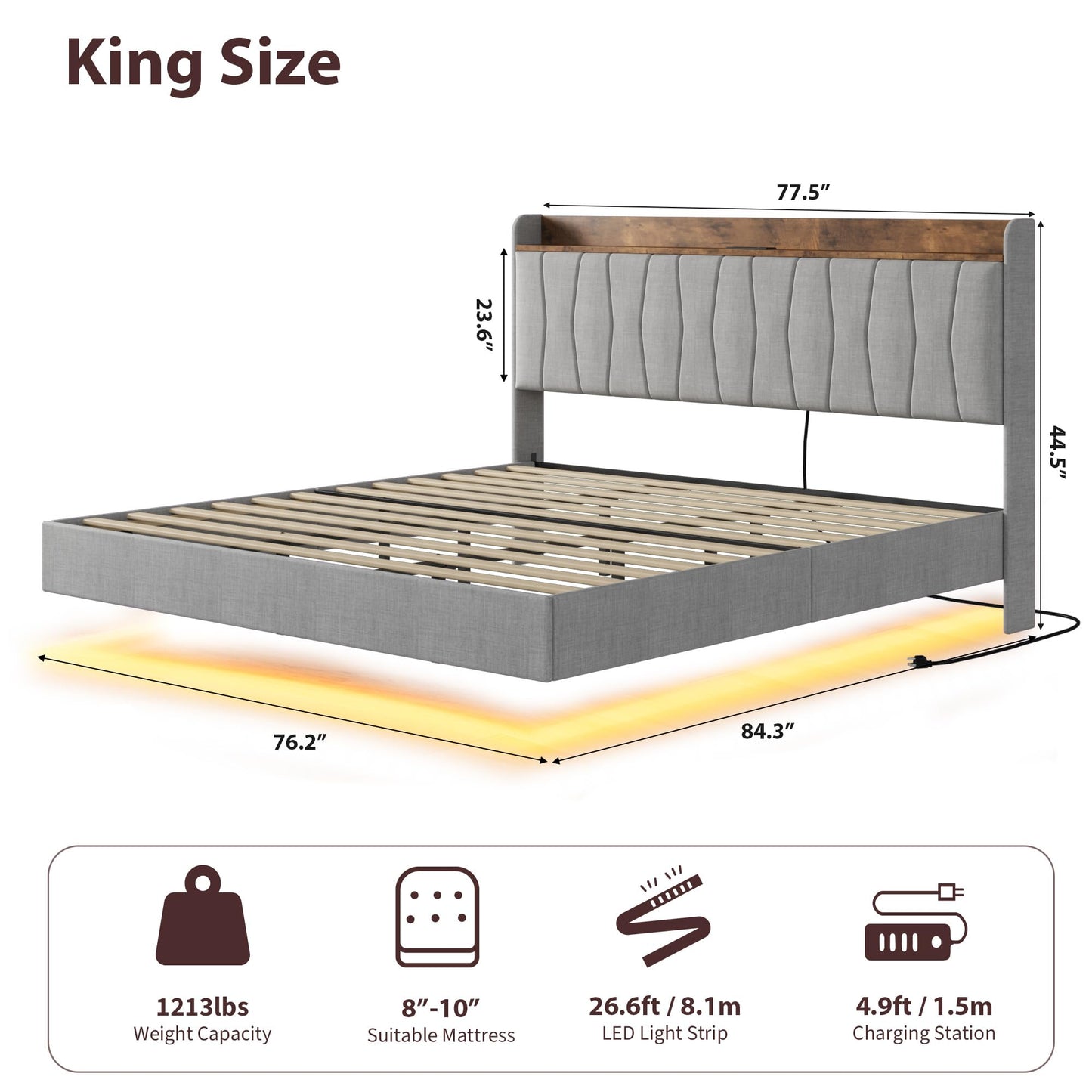 GarveeHome Floating Bed Frame King with LED Lights & USB Charging Station – Modern Upholstered Platform Bed with Headboard, Solid Wood Slats Support, No Box Spring, Easy Assembly, Noise-Free, Grey