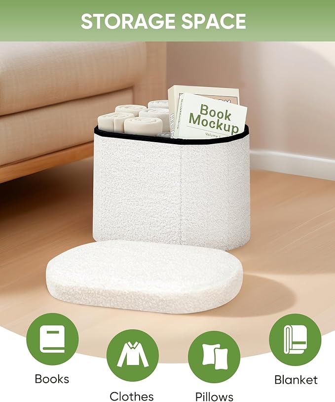 B FSOBEIIALEO Storage Ottoman for Dorm Room, Boucle Folding Storage Ottoman Foot Rest, 16.14 Inches Small Collapsible Ottoman Cube for Living Room White Cream