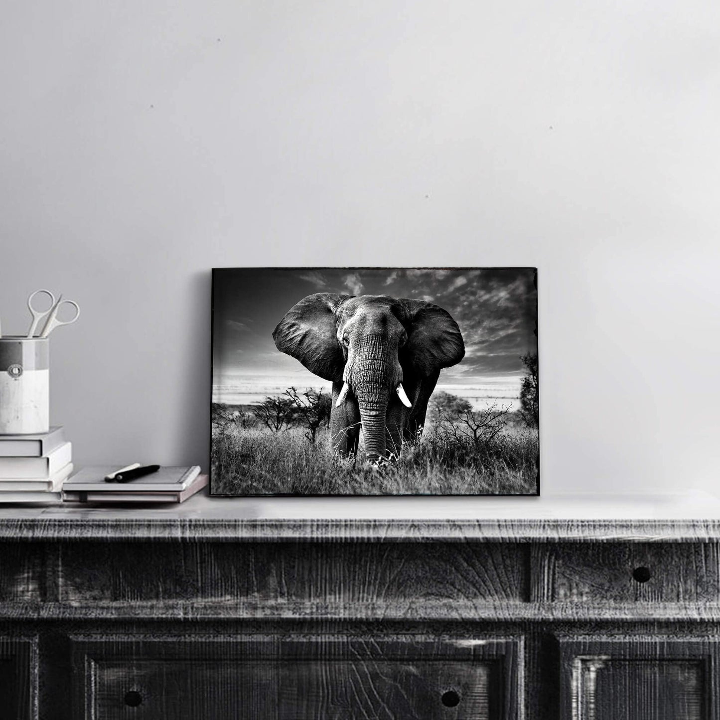 Elephant Black & White Wall Art - Rustic Canvas Painting - African Animal Picture - Natural Artwork for Bathroom & Bedroom Decor - 16x12 Inches