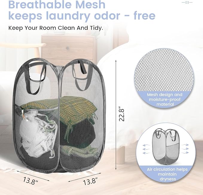 Strong Mesh Pop-up Laundry Hamper,HOUSE AGAIN Quality Pop Up Hampers for Laundry with Durable Handles Solid Bottom High Carbon Steel Frame, Easy to Open and Fold for Storage(Grey)
