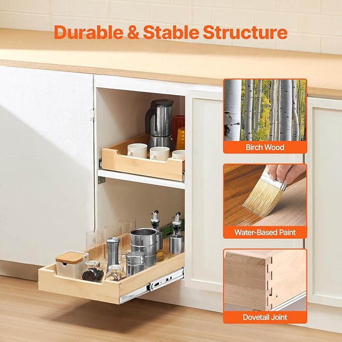 VEVOR Pull Out Cabinet Organizer, 14"W x 21"D Cabinet Drawer, Soft Close Slide out Shelf, Heavy-Duty Sliding Wood Drawer, Bottom Mount Size（14.5"W x 23"D）and Side Mount Size（15"W x 23"D）