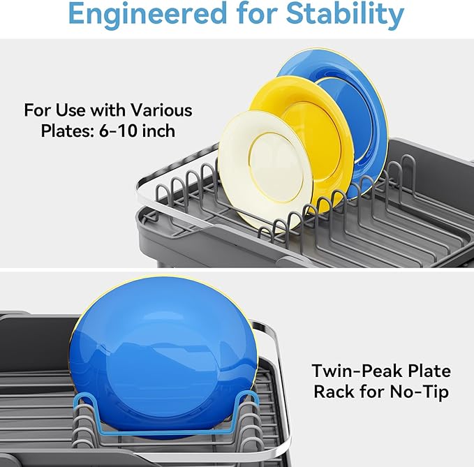 Urackify Dish Drying Rack for Kitchen Counter, Expandable Stainless Steel Dish Racks with Adjustable Water Spout, Space Saving Dish Drainer with Cutlery Holder,16.14"-23.62" L x 12.99" x 8.78",Grey