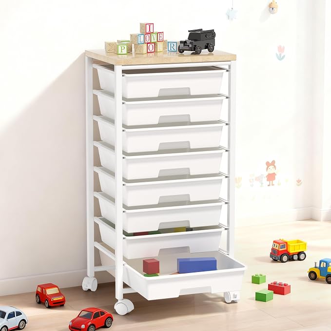 Rolling Cart with 8 Drawers, Storage Drawers Cart with Wooden Tabletop and Lockable Wheels, Craft Storage for Living Room, Office, Classroom, Craft Room, Bedroom