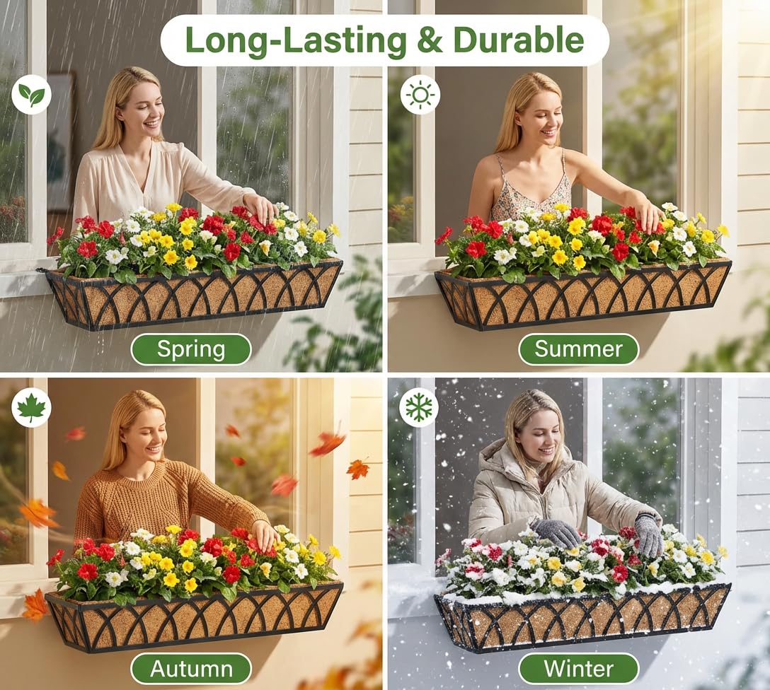 Y&M Railing Planter Boxes, Metal Hanging Balcony Planter, Adjustable Deck Railing Planter for Fence, Window Boxes Outdoor, Heavy Duty Flower Box for Porch Rail-30inch 4pcs