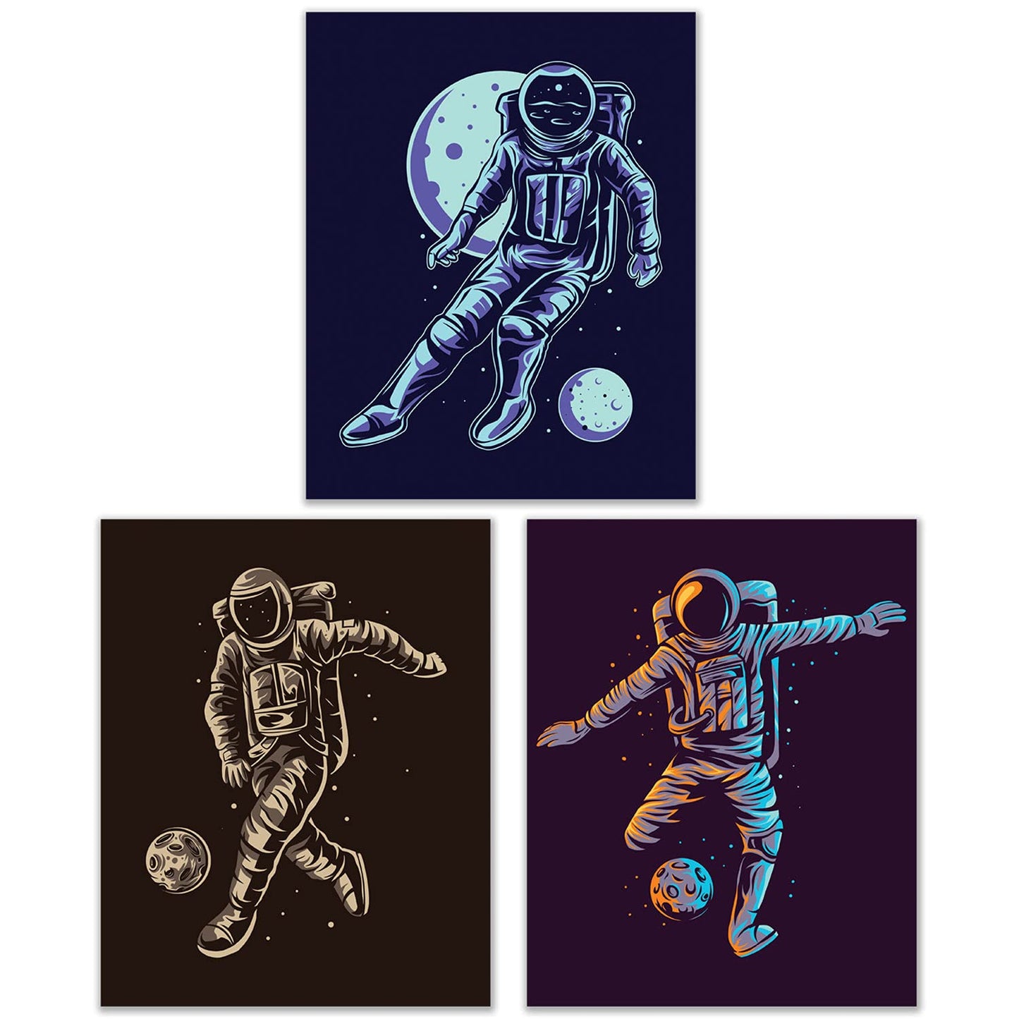 Astronaut Soccer Wall Art Prints - Sports Space - Set of 3 (8x10) Poster Photos - Man Cave- Bedroom Decor