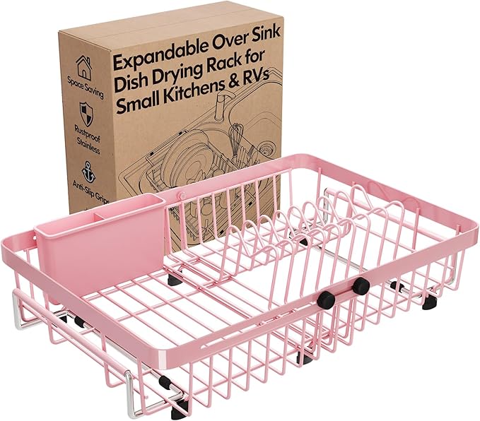 MAJALiS Pink Dish Drying Rack Over The Sink, Expandable Stainless Steel Dish Drainer for Small Kitchen Counter Space Saving, RV Compact Plate Strainer in Metal with Hanging Adjustable Utensil Holder