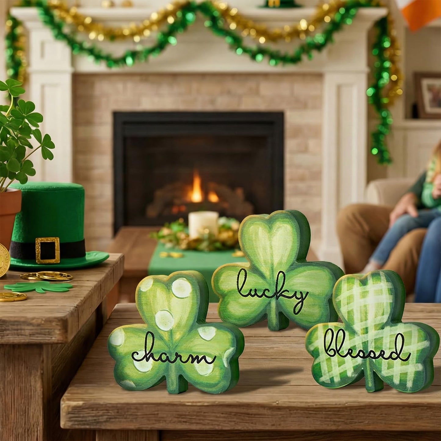 Smile St.Patrick's Day Wooden Shamrock Block Decor Set of 3 Lucky Blessed Charm Clover Ornaments, Tabletop Shelf Lucky Decoration
