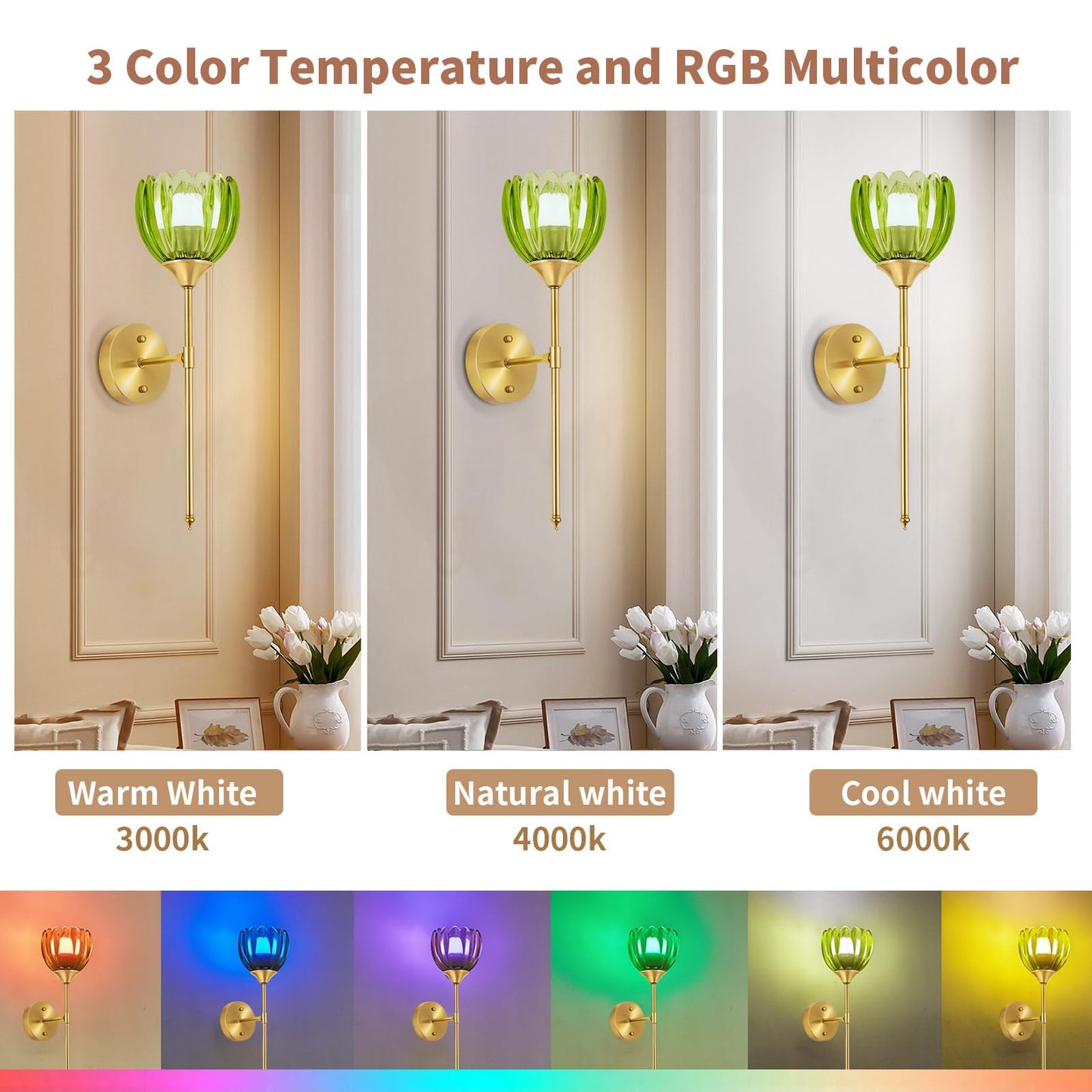 SoodMi Battery Operated Wall Sconce Set of 2, Rechargeable Wireless Wall Sconce Lights with Glass Lampshade, 5000mAh Dimmable Bulbs with Remote,15 Colors Wireless Wall Lamps for Bedroom Living Room