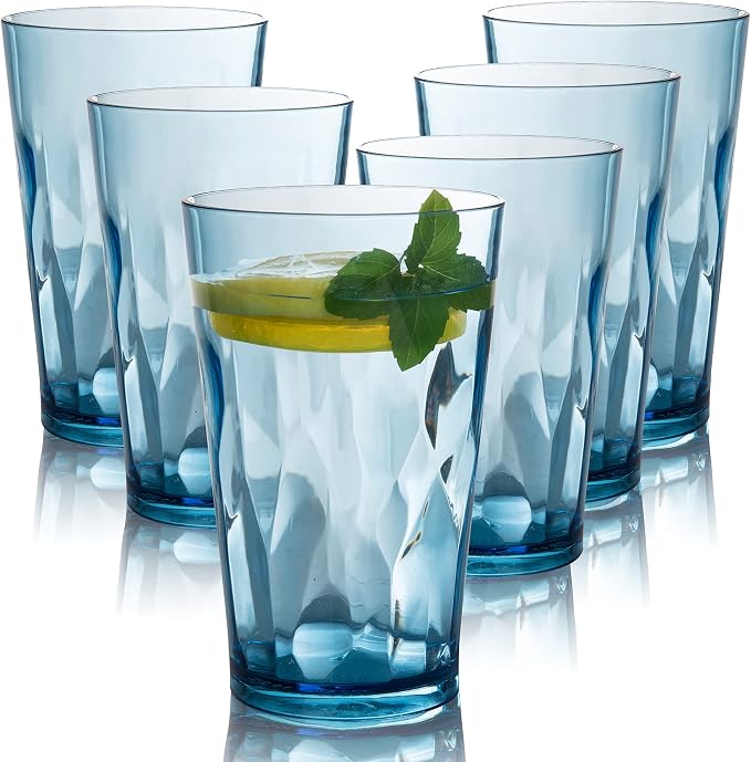 JGIRL Unbreakable Plastic Drinking Glasses [Set of 6] Shatterproof Tumblers, Reusable Glass Cups, Dishwasher Safe (16 Ounces)