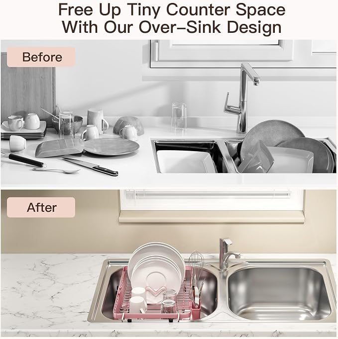 MAJALiS Pink Dish Drying Rack Over The Sink, Expandable Stainless Steel Dish Drainer for Small Kitchen Counter Space Saving, RV Compact Plate Strainer in Metal with Hanging Adjustable Utensil Holder