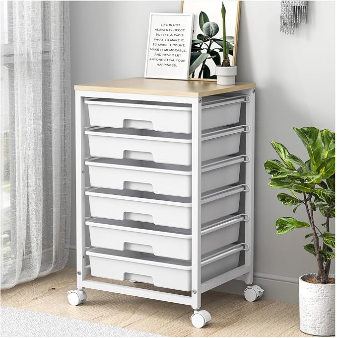 SYKIARIOL Rolling Cart with Drawers,Utility Cart with 6 Drawers,Rolling Storage Cart with Drawers and Wooden Tabletop & Lockable Wheel,White