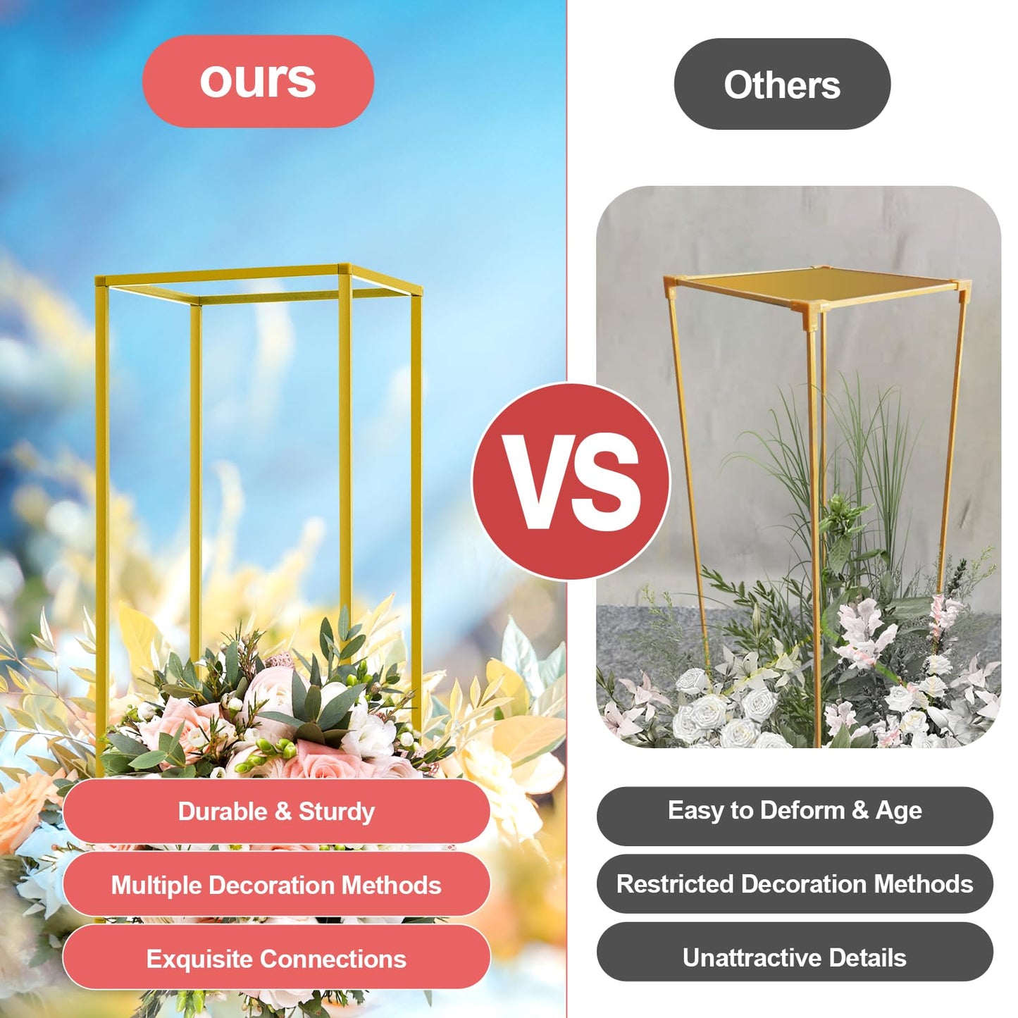 Gdrasuya10 23inch/60cm 10Pcs Gold Flower Stand for Centerpieces,Gold Vase Metal Column Stand,Wedding Flower Stand Tall, Rectangular Frame Flower Stand Geometric Stand for Wedding Party Decoration