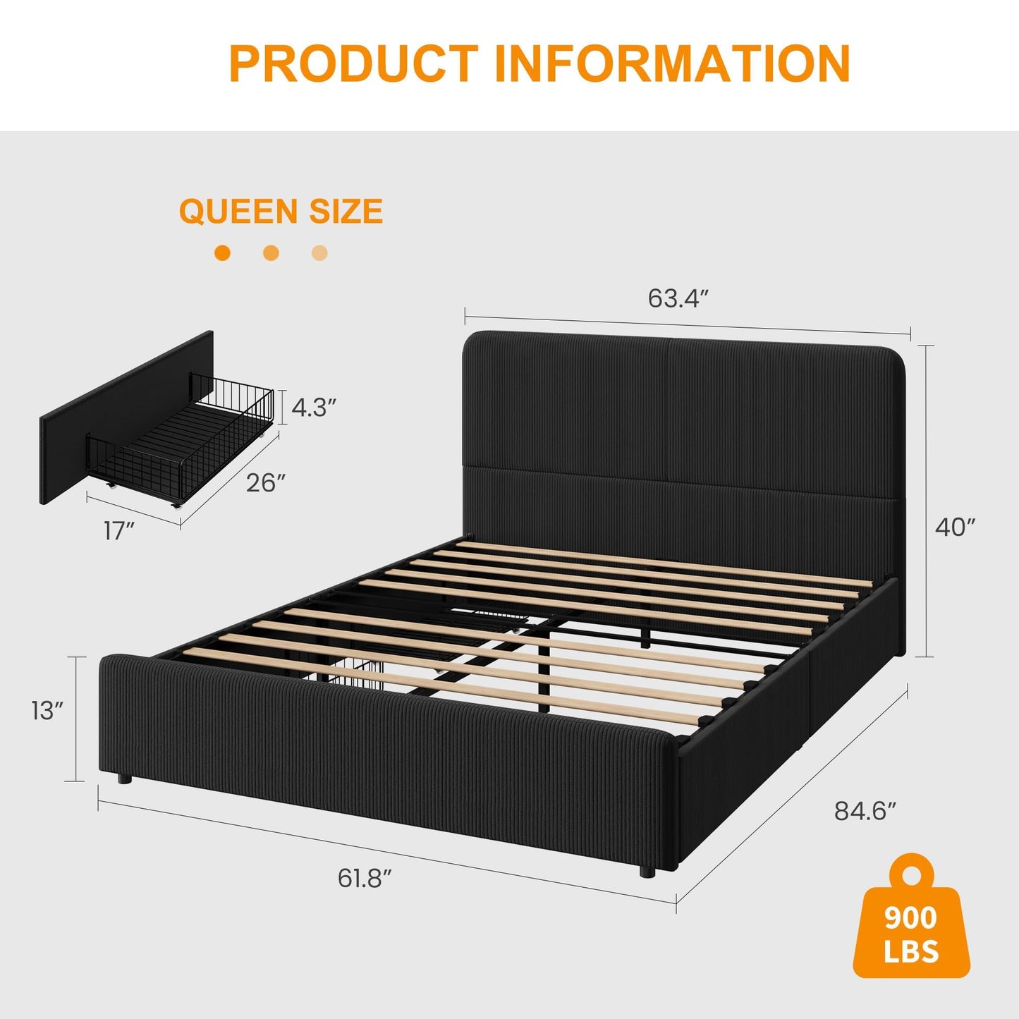 GarveeHome Modern Upholstered Platform Bed Frame with Headboard and Storage Drawers – Strong Wood Slat Support, No Box Spring Needed, Low Profile, Easy Assembly – Corduroy Black