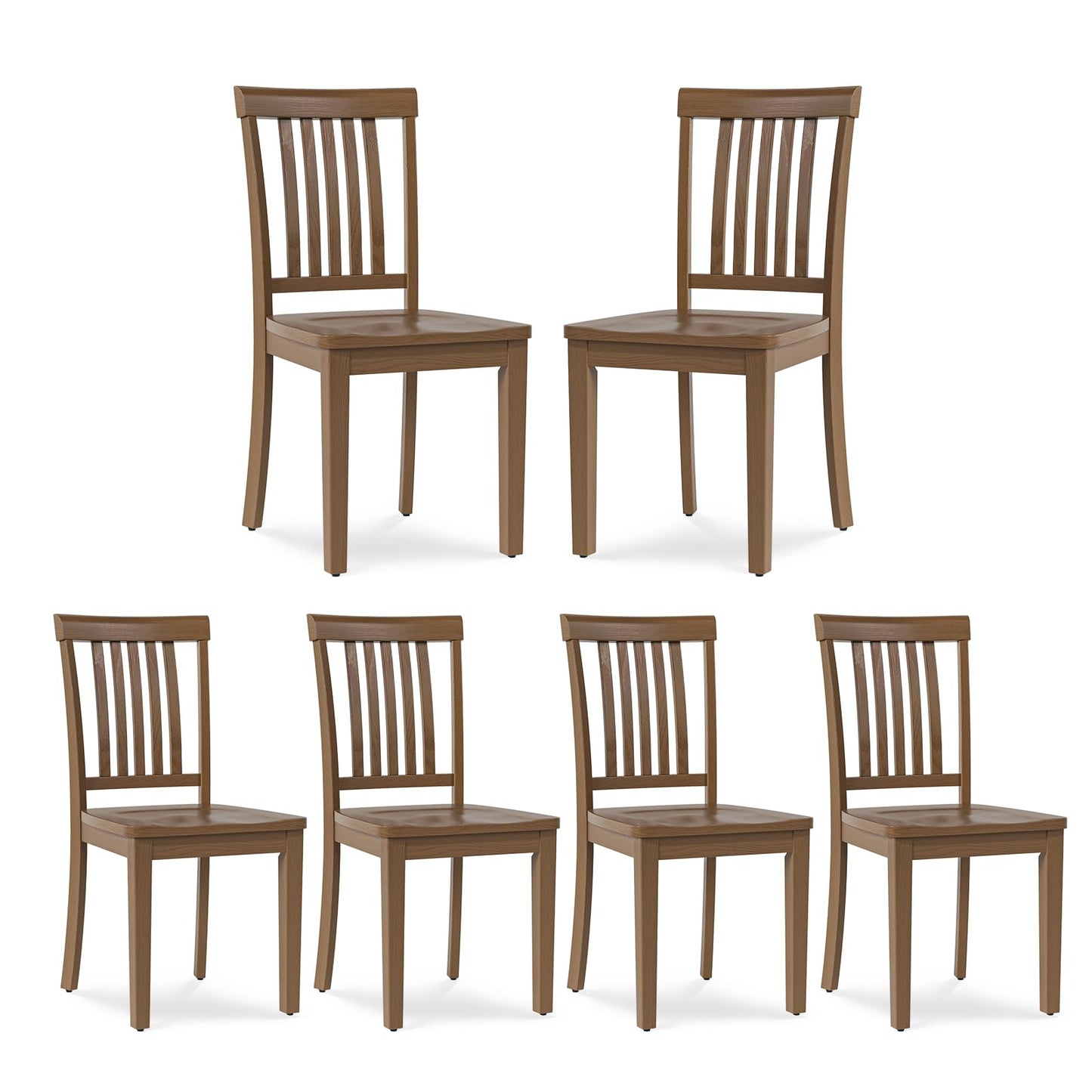 COLAMY Wooden Dining Chairs Set of 6, Solid Rubberwood Kitchen & Dining Room Chairs, Farmhouse Rustic Side Chairs for Dining Table, Anti-Slip Protection, Classic Windsor Style Seating, Oak Light Brown