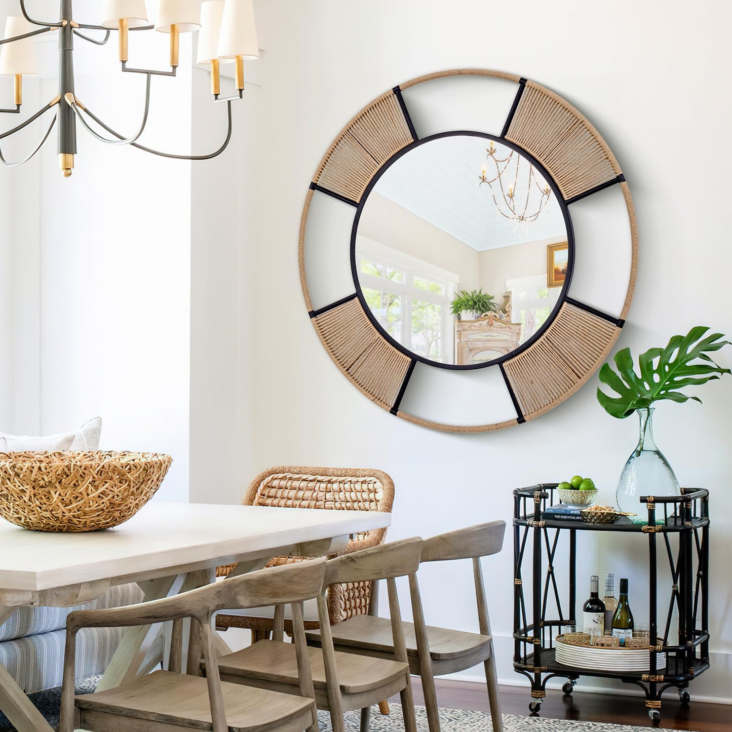 Autdot Large Boho Round Wall Mirror for Living Room, 42.5'' Coastal Circle Mirror with Detachable Rattan Frame, Rustic Circle Mirrors for Dining Room Bathroom Hallway Entrance