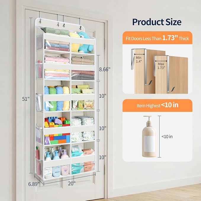 Yecaye Over The Door Organizer, 5 Tier Extra Large Behind Door Storage of 10 Compartments, 80lbs Heavy Duty Door Organizer Hanging with Clear Window for Closet Bedroom Pantry Bathroom, Beige