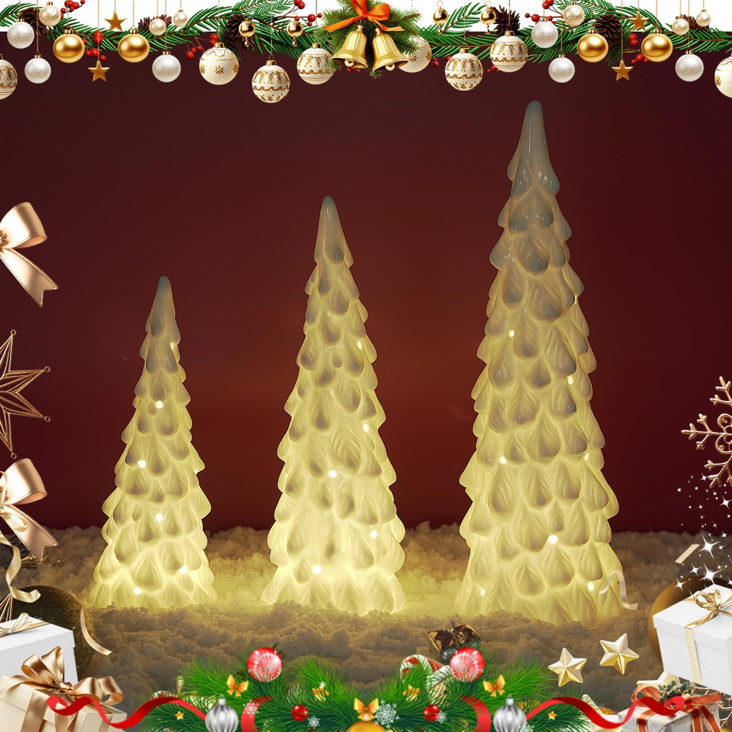 Luxstyra 3 Pcs White Ceramic Christmas Trees with Lights, Table Top Christmas Decor, Porcelain Tree Figurine with Timer, Small Ceramic Christmas Trees Set, White Tabletop Christmas Tree for Mantel